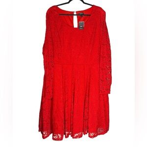 Torrid Red Floral Lace V-Neck Skater Dress with Long Sleeves Womens size 4X NWT